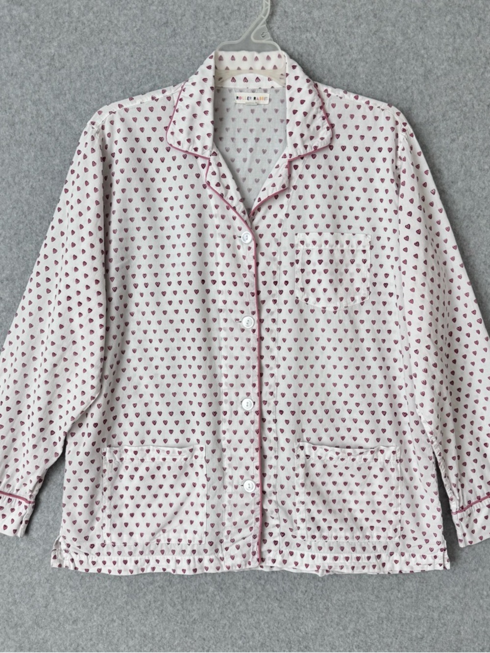 Roller Rabbit Long Sleeve Button Up Pajama Top Shirt Pink Hearts Sz Medium READ